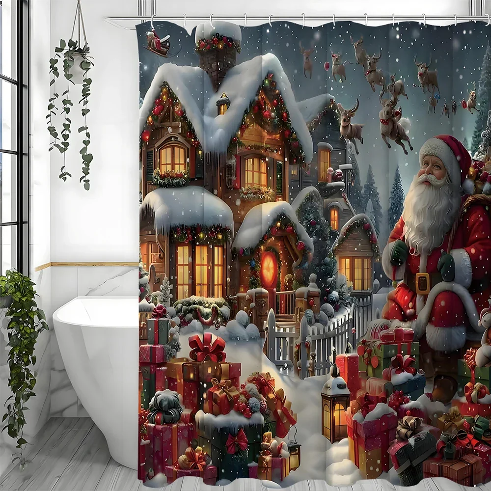 

Winter Christmas House Elk Santa Gift Shower Curtain, Bathroom Decorative Shower Curtain, Waterproof Shower Curtain with Hooks