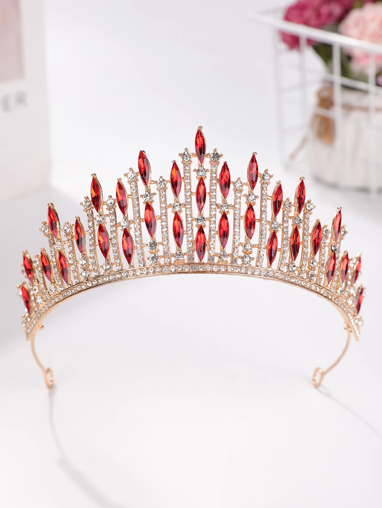 1 Buah Hiasan Kepala Mahkota Merah, Mahkota Ulang Tahun, Mahkota Ratu Retro, Kerudung Utama Pengantin Wanita, Mahkota Kelas Atas