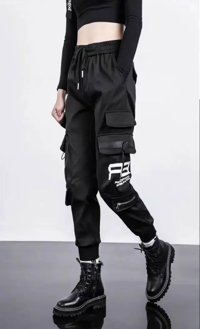 New Women Cargo Pants Ins Harem Pants Fashion Punk Pockets Jogger Trousers Chain Harajuku Elastics High Waist Streetwear 420