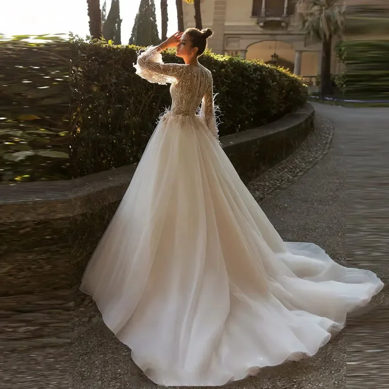 Vestido De Novia elegante y lujoso De tul De encaje De princesa, cuello redondo, manga larga, Vestidos De Novia bohemios De plumas