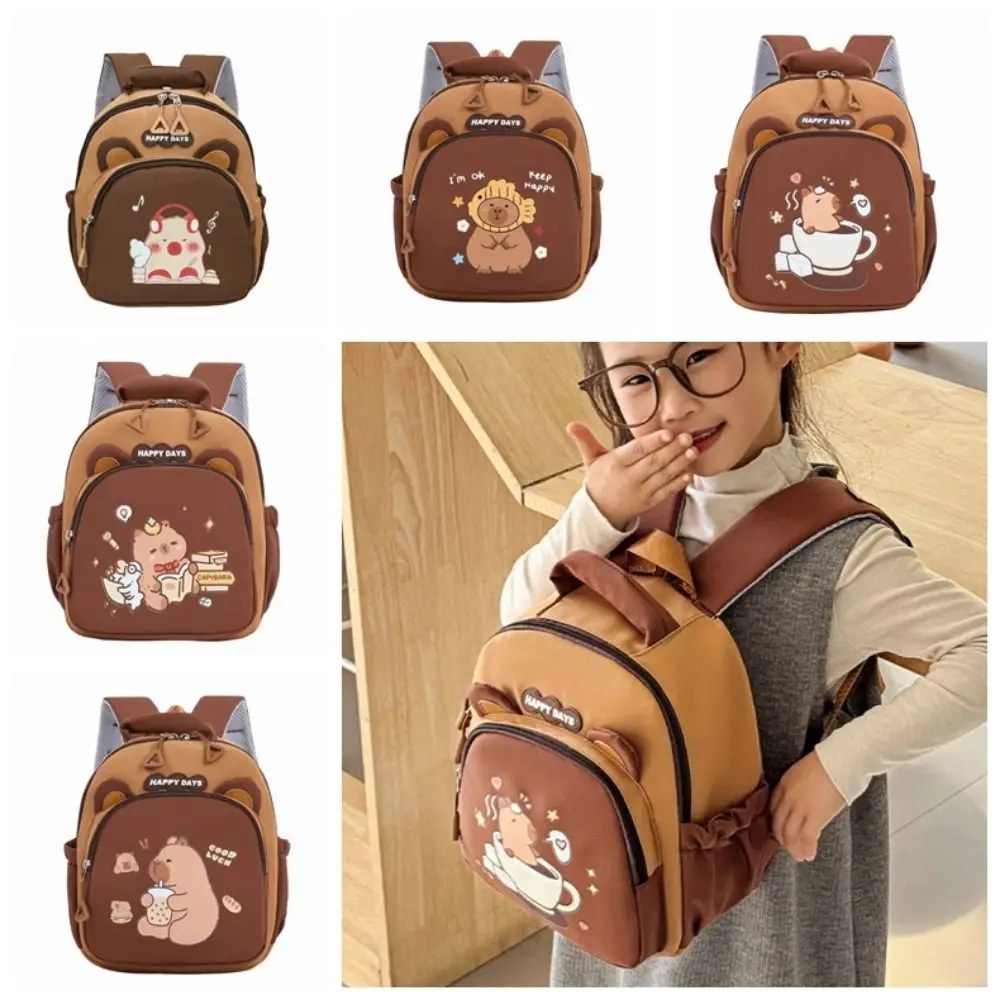 Cartoon Capybara Kindergarten Backpack Kawaii Multi-Pockets Children's Capybara Backpack Brown Adjustable Straps
