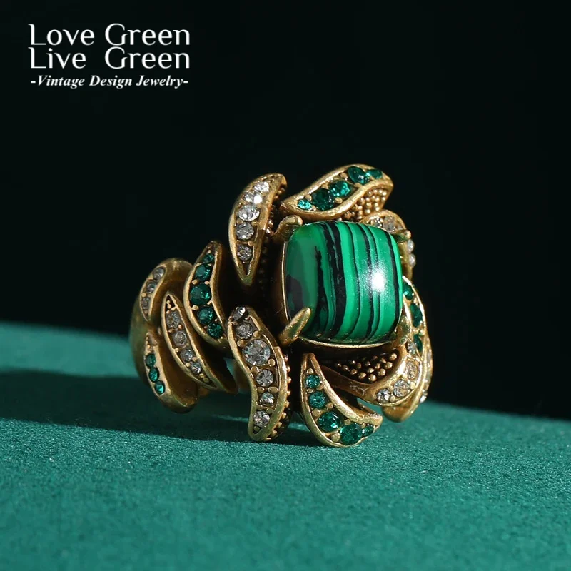 

Vintage Jewelry Flower Crystal Green Peacock Stone Rings for Woman Gold Color Classic Elegance Gift Boho Wedding New Arrival