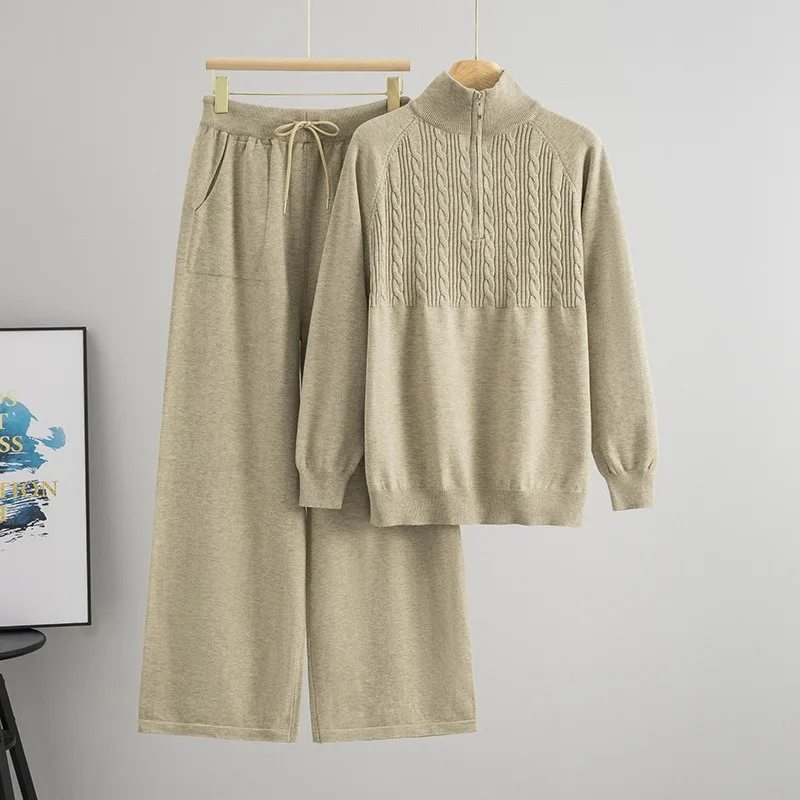 

Casual Solid Twists zip stand collar long-sleeve knit pullover+pocket Lace-up elastic waist pants 2-piece set winter Women' Suit