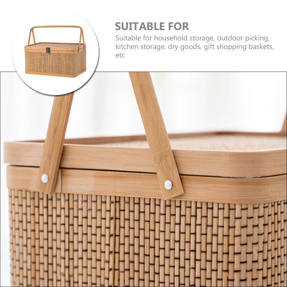 

Woven Bamboo Basket 35x25x18cm Lid Kitchen Fruits Vegetables Gardening Harvesting Shopping Handle Egg Container Storage Basket