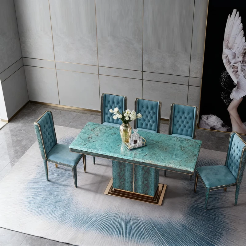 

Modern dining room luxury furniture: stylish rectangular marble dining table with 6 chairs set