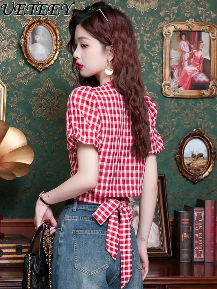 

French Sweet Back Bow V-neck Blouse Short Sleeve Plaid Shirt Women's Summer Western Style Youthful-Looking Slimming Chic Top