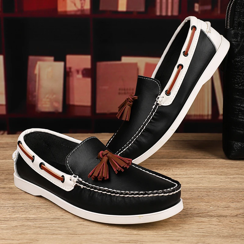 

New Men Handmade Loafers Shoes with Genuine Leather Colored Tassel Decoration Soft Sole Comfortable Driving Single Shoes