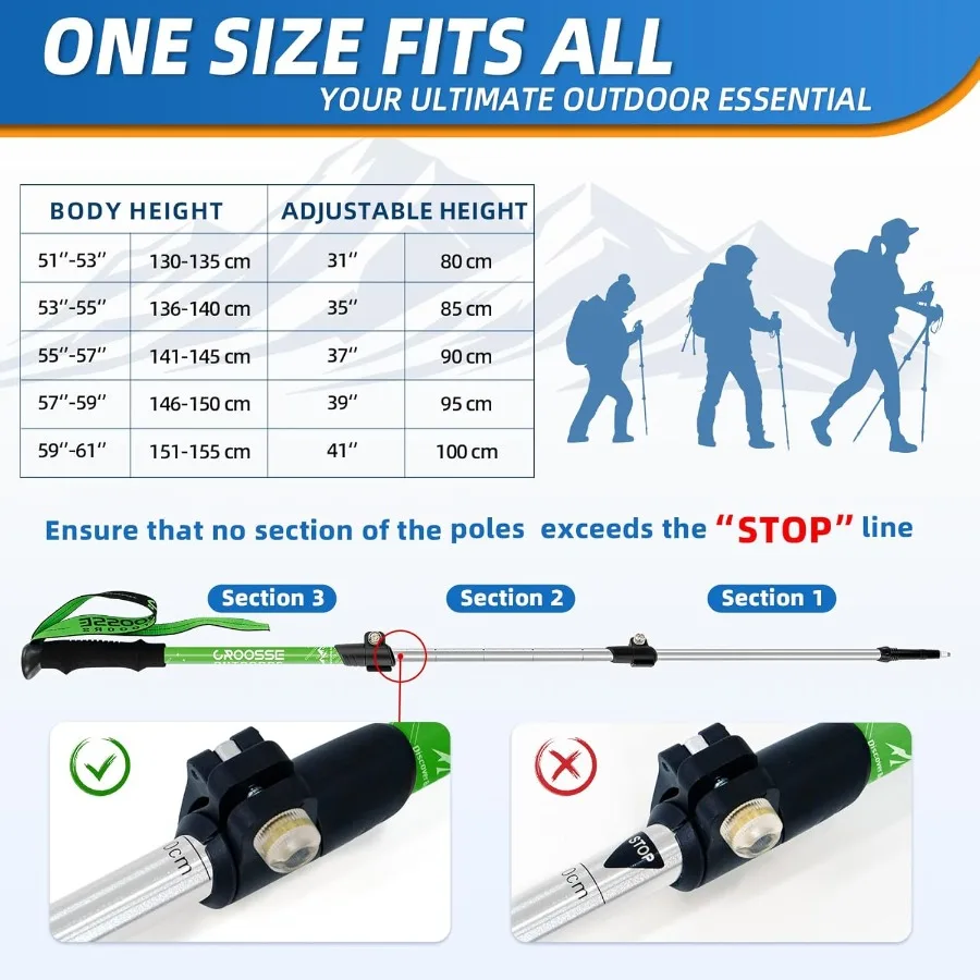أقطاب المشي لمسافات طويلة خفيفة الوزن وقابلة للطي للمغامرة الخارجية، أقطاب رحلات من الألومنيوم قابلة للسحب، عبوة من قطعتين مع قابلة للتعديل