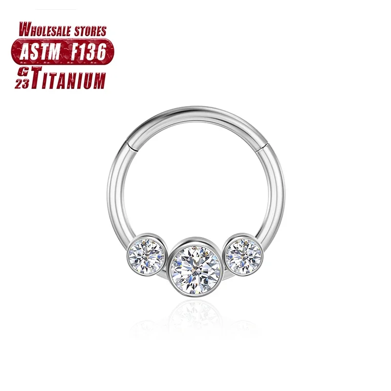 Titanium Septum Clicker Nose Ring with CZ Beads