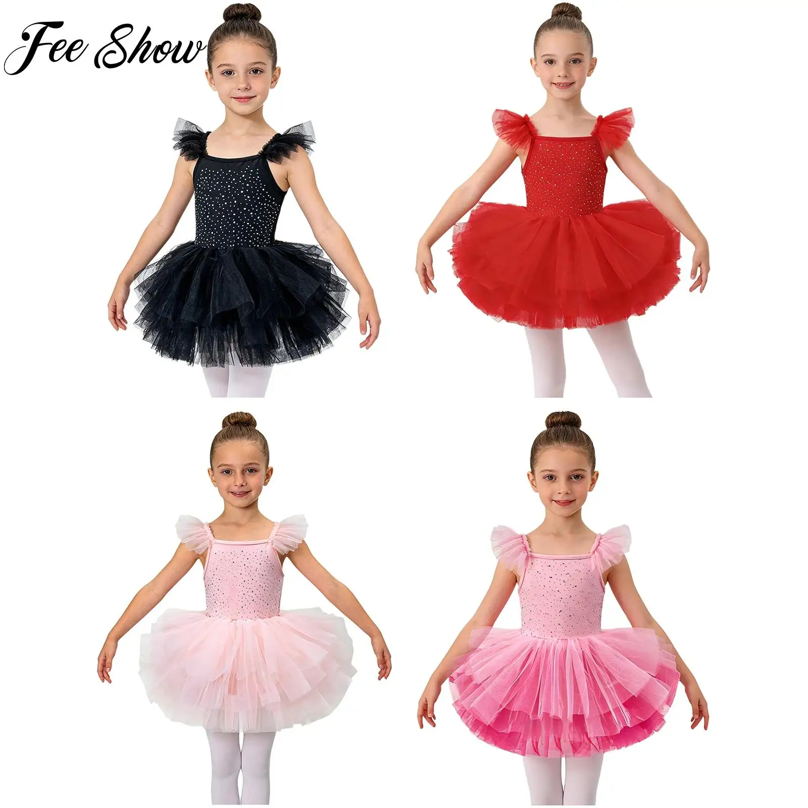 

Kids Girls Rhinestones Bodice Tulle Tutu Dance Dress Ruffled Sleeves Leotards Dance Dress for Ballet Practice Stage Performance