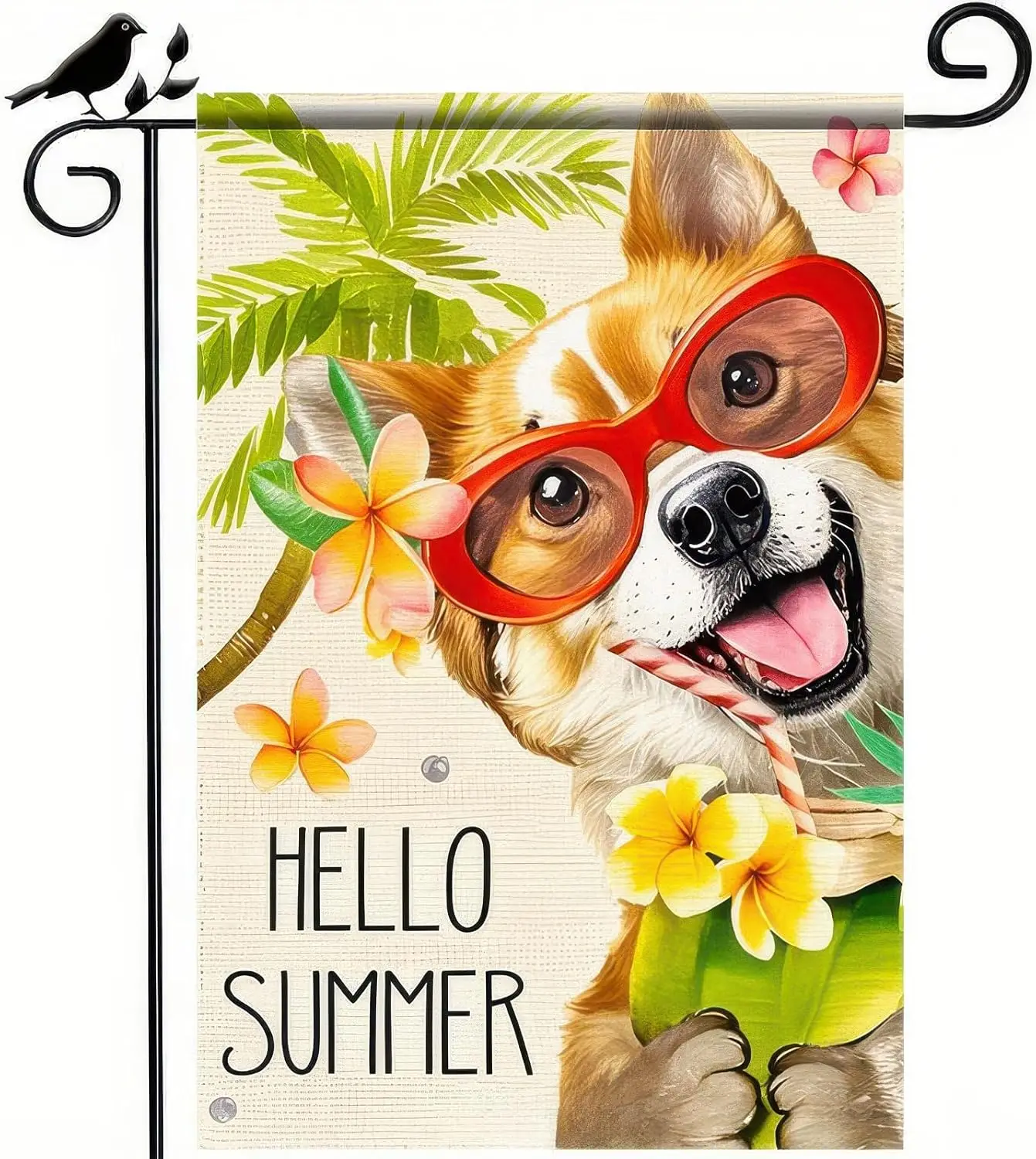BlissYard Hello Summer Garden Flag Corgi Dog 12×18 Inch Double Side Sunglasses Tropical Flowers Spring Summer Farmhouse Welc zzo