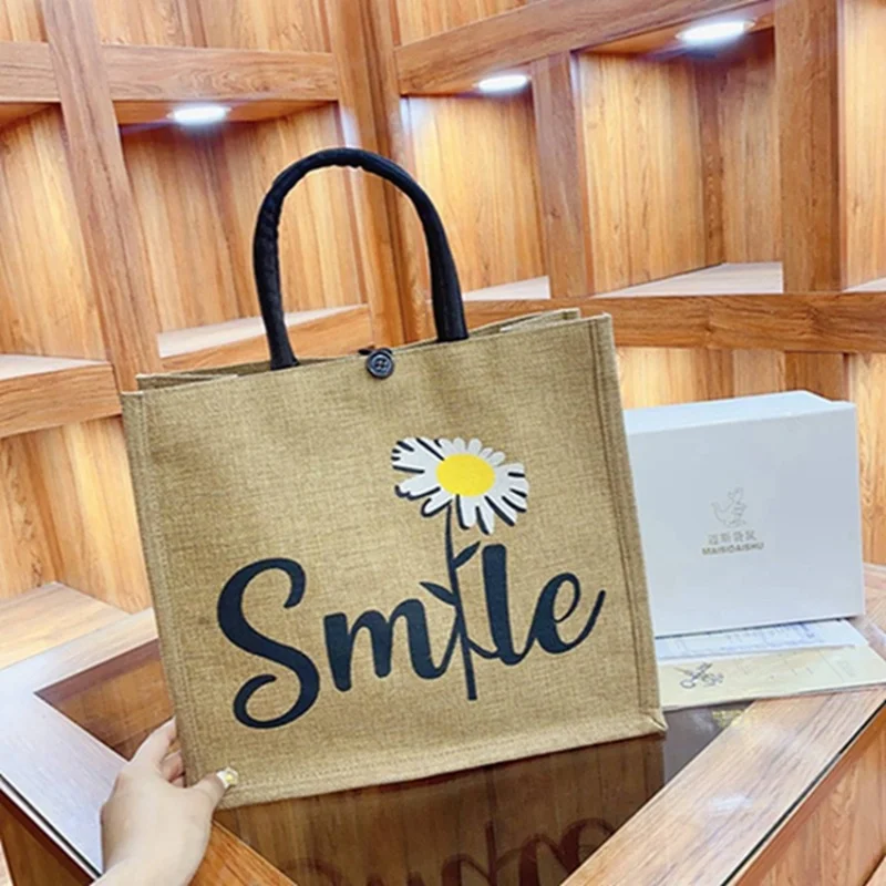 Women Fashion Smile Daisy Vintage Natural Style Woven Bag Letters Tote Bags Large Storage Shopping Handheld Handbags