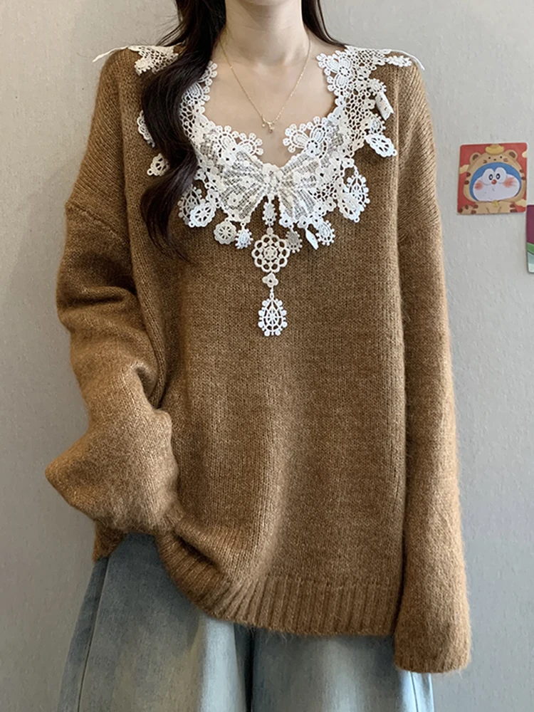 

Французский вязаный свитер с v-образным вырезом и кружевом, женский свободный шерстяной топ, ленивый базовый слой, осень 2025, Новое поступление