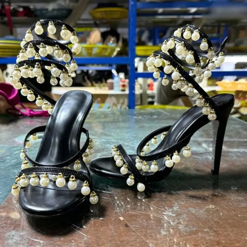 

Black Pearl Rhinestone High Heel Sandals Spiral Ankle Strap Open Toe Stiletto Heeled Women Evening Club Shoes for Wedding Party