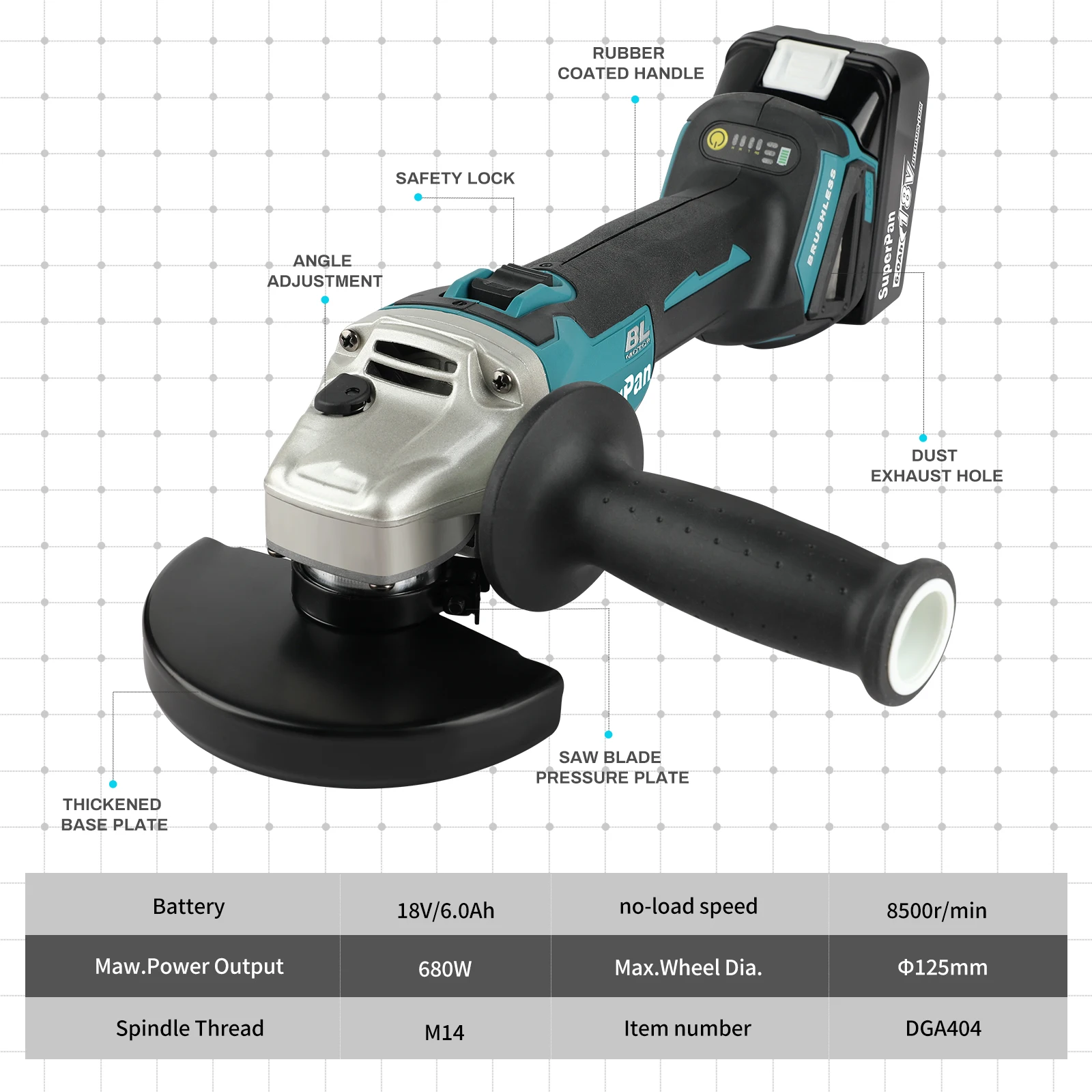 

Brushless Wireless 18V SUPERPAN DGA404 – Angle Grinder Electric Grinder Power Tool Original Sander