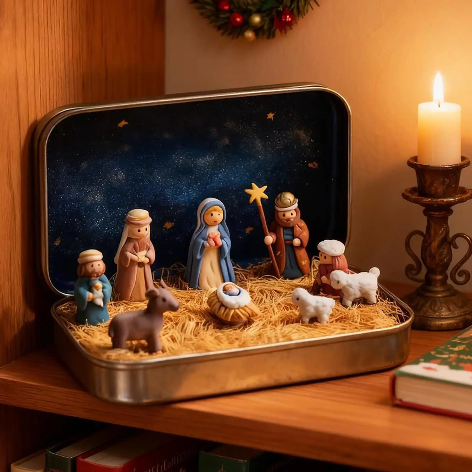 Tin Box Nativity Small Decorative 3D Religious Holy Figurines Christmas Holy Family Decoration For Desk Shelf Office Bedroom