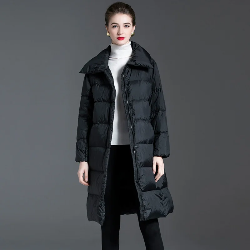 Hiver longue bouffante revers mince doudoune femmes blanc canard vers le bas genou longueur doudoune femme chaud fermeture éclair solide Parker outwear