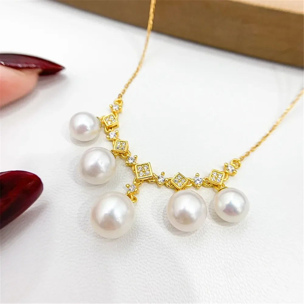 

DIY Pearl Accessories S925 Sterling Silver Set Chain Empty Holder Gold Silver Pendant with Silver Chain Fit 7-11mm Round Oval