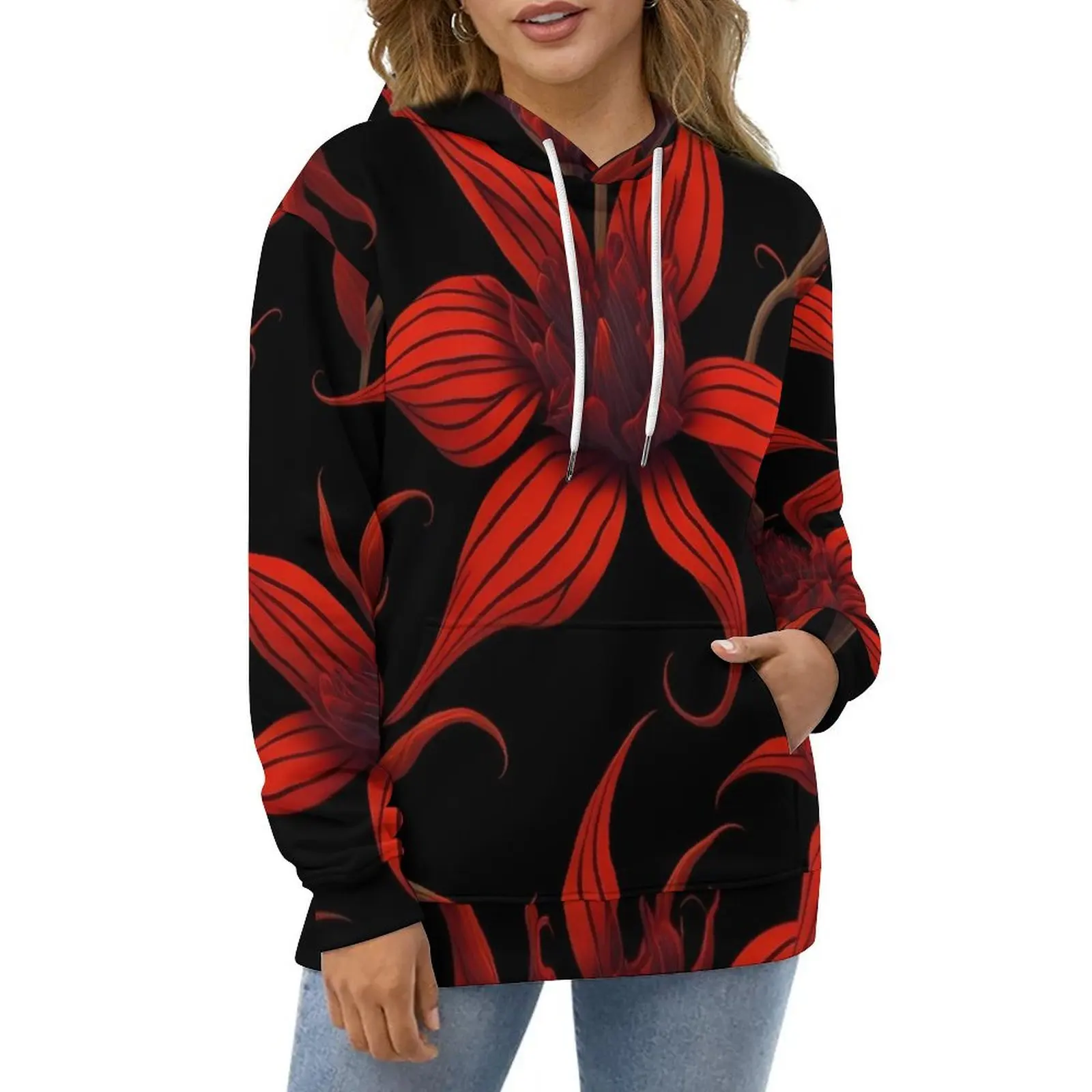 Tiger Lily Floral Casual Hoodies Red Flower Modern Loose Hoodie Autumn Long Sleeve Street Wear Oversize Hooded Sweatshirts