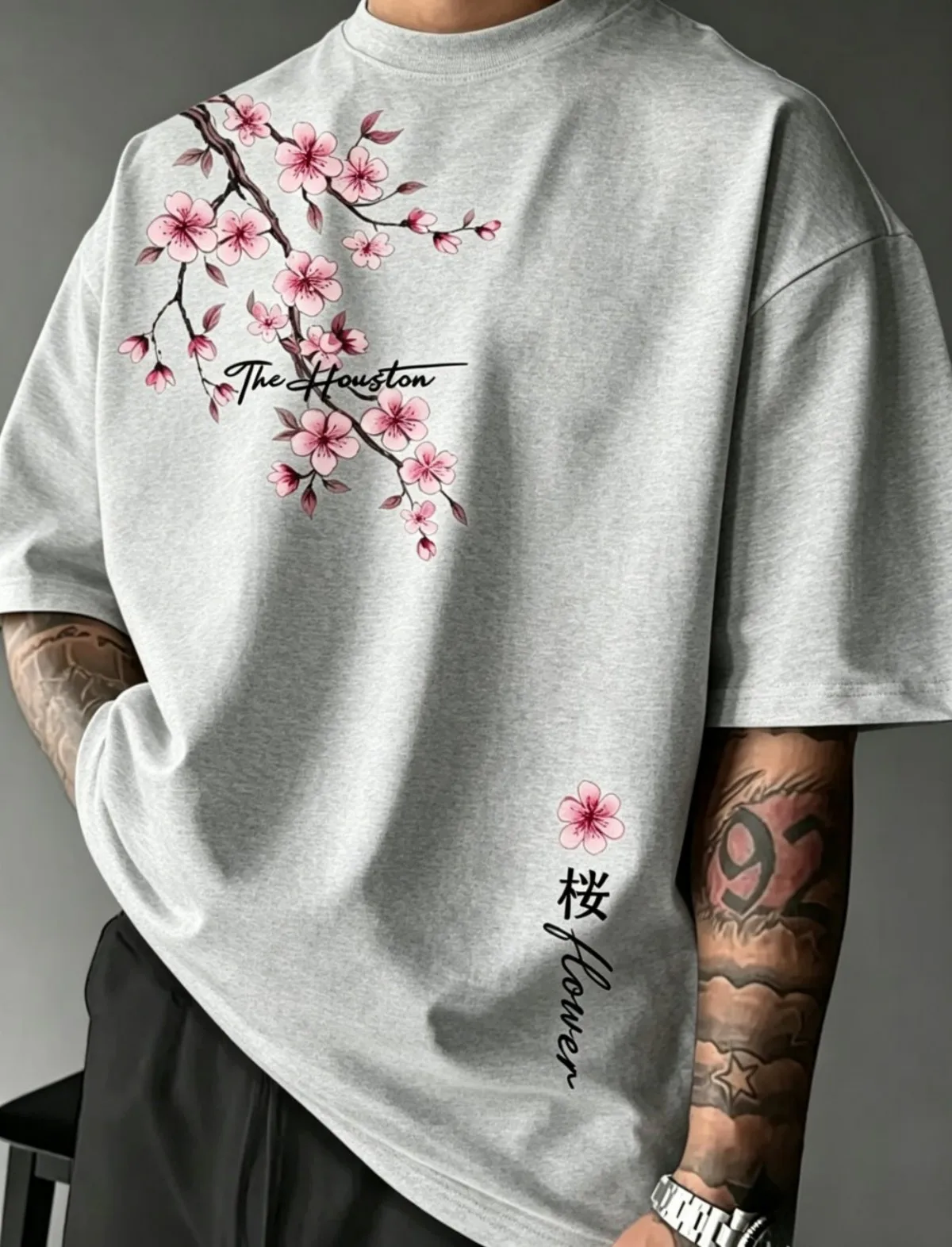 European and American men's summer cherry blossom branch letter print soft and breathable round neck T-shirt outdoor street top