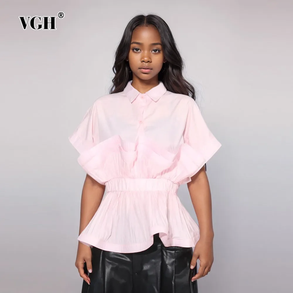 

VGH Casaul Spliced Folds Solid Shirts For Women Lapel Short Sleeve Patchwork Single Breasted Minimalist Blouses Female Fashion