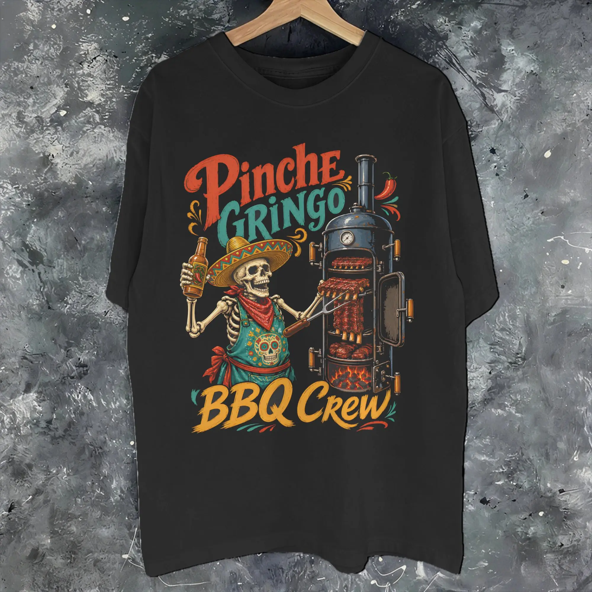 Men Women Pinche Gringo BBQ Crew Skeleton Grilling Beer T Shirt Cotton Printed Tee Shirts  Clothing Outfits
