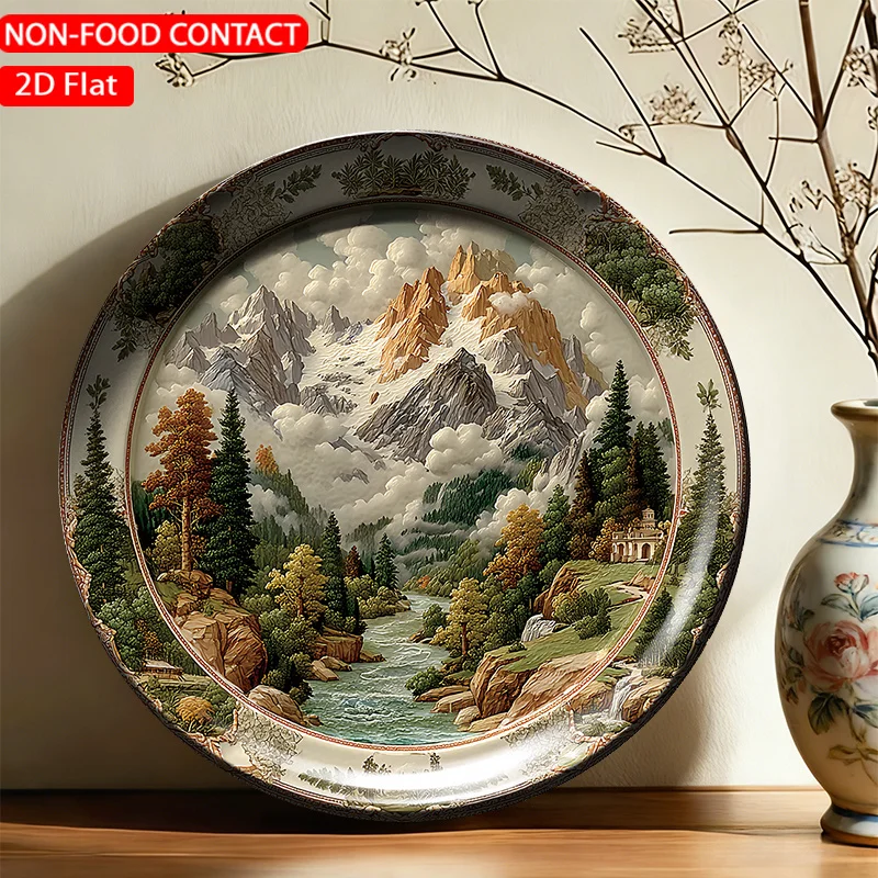 1pc Ceramic Decorative Plate, Mountain River Landscape Art Decorations, Wall Home Decor- for Decorative Purposes Solely,