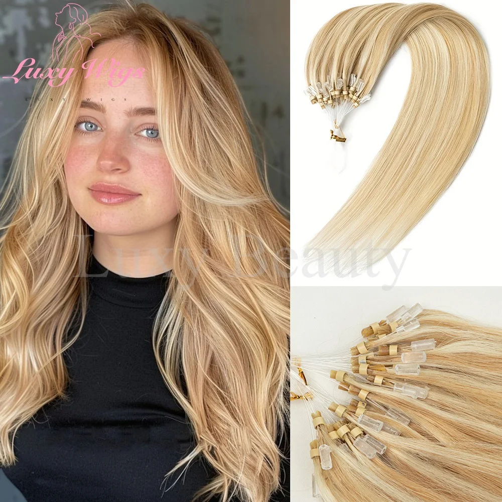 12-20 '' Balayge شقراء مايكرو حلقة وصلات شعر شعر الإنسان الطبيعي البني الأسود مايكرو الخرزة خيط صنارة الصيد هالة وصلات شعر #1