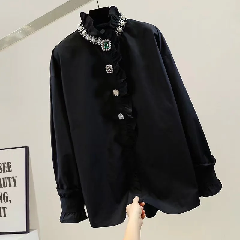 2024 Spring Autumn Fashion Black White Blouse for Women Luxury Beads Diamonds Collar Bottoming Shirt Loose Oversized 6XL Top