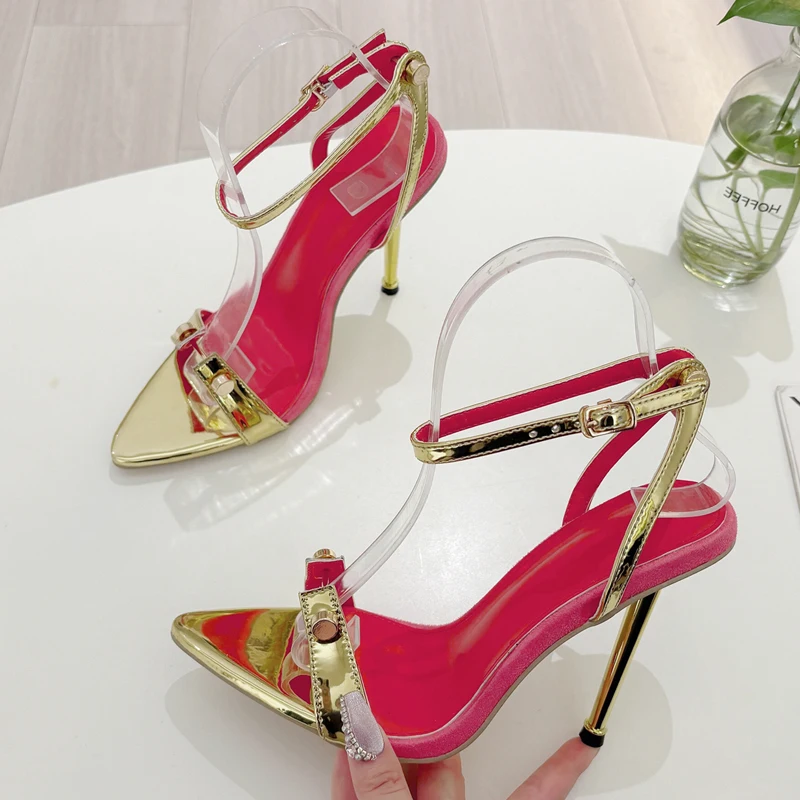 Eilyken Summer Gold Silver Rivet Design Buckle Strap Women Sandals Sexy Open Toe Stripper Thin Heels Shoes Zapatos Mujer