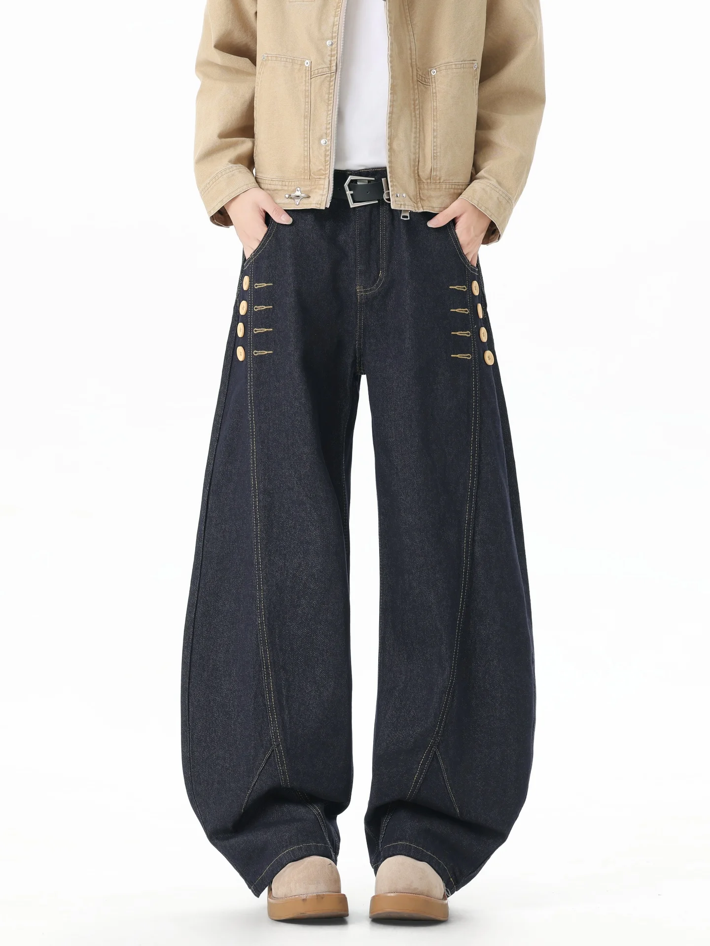Retro Original Jeans Men's Casual Multi-Buckled Knife  Denim Pants Loose Wide Leg Casual Long Trousers Straight Cut