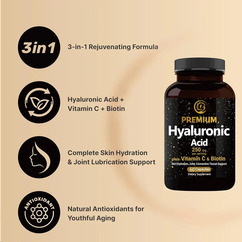 Hyaluronic acid supplement 250mg | Skin moisturizing, joint lubrication, hair and eye health -60 capsules