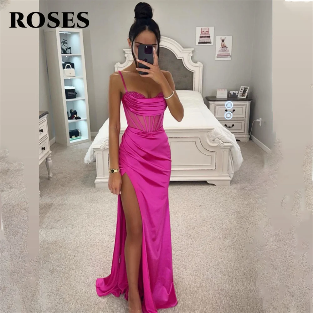 ROSES-Fuchsia Vestido de Noite com Spaghetti Strap, Elegante Prom Dress, Vestido de Noiva Querida, Split Robes