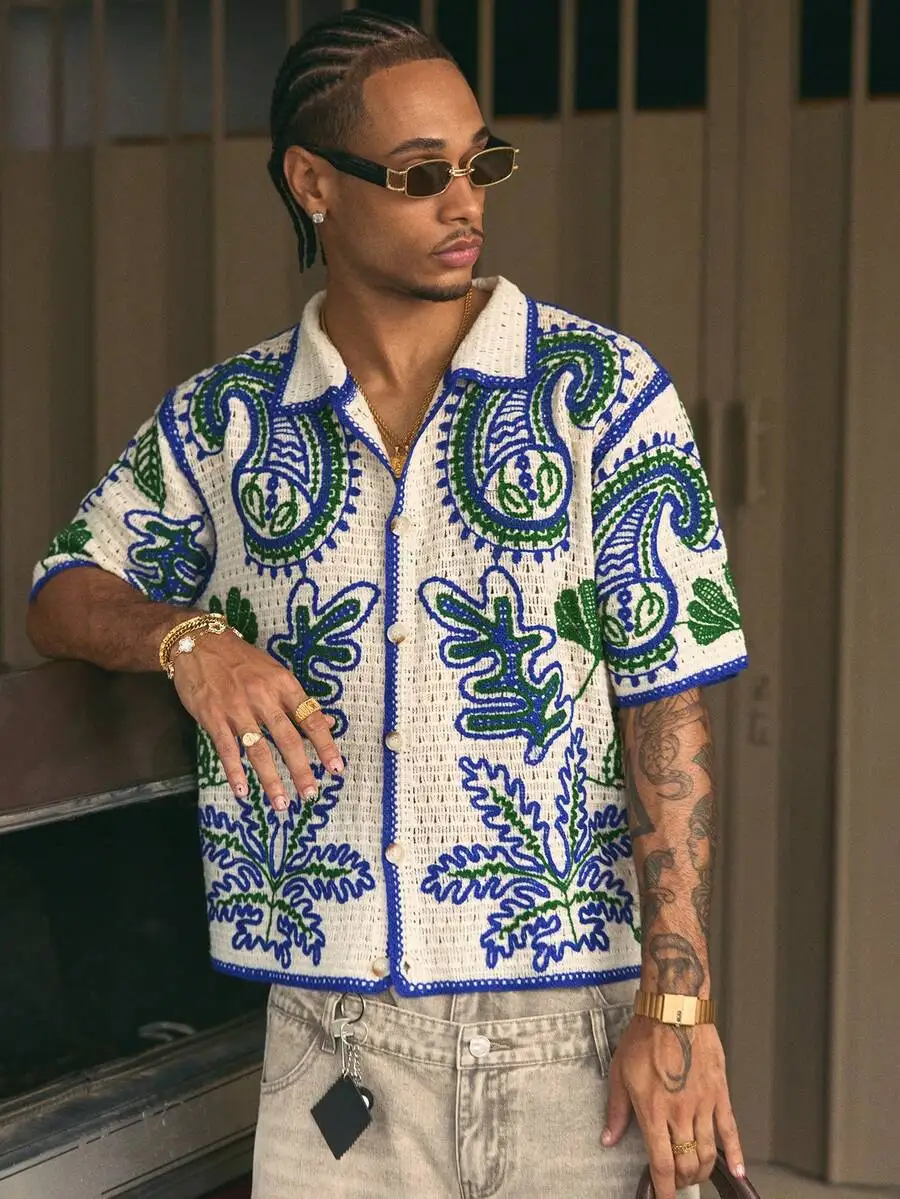 

Loose Fit Knit Shirt with Paisley Floral Print for Men