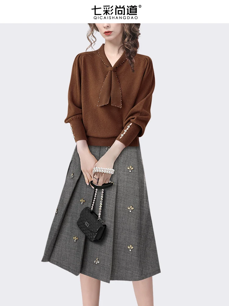 Fashion Grey Diamond-encrusted Skirt Women HIgh Waist A-line Pleated Mid-length Skirts Spring Summer New Cute All-match JK Skirt