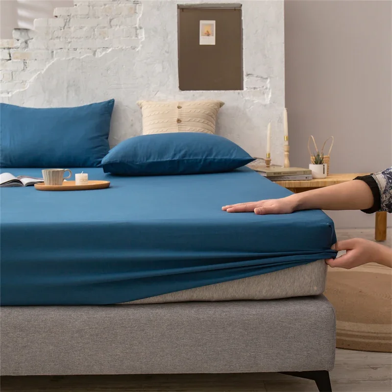 

120/150/180*200CM Solid Color Blue Bedspread Antislip Coverlet Comfortable 40S Long-staple Cotton Fitted Sheet M027-6