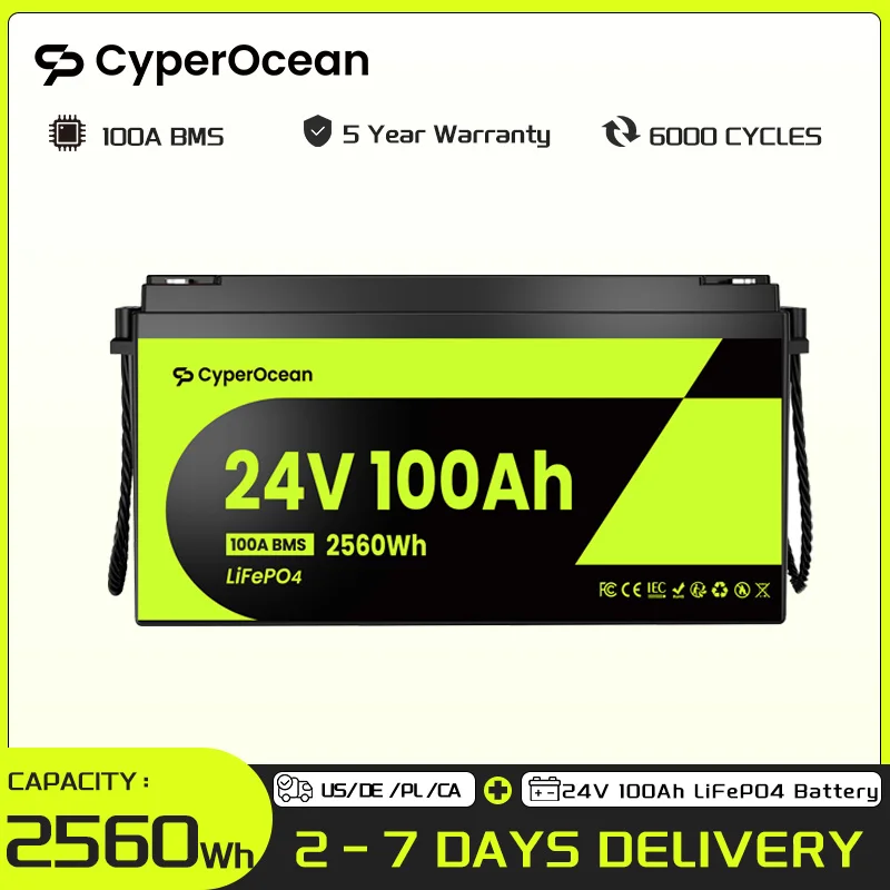 CyperOcean 24V 100Ah LiFePO4 Battery With 100A BMS Low-Temp Protection 15000 Cycles Rechargeable Lithium for Vans Golf Cart Boat RV Camping Solar Energy Storage