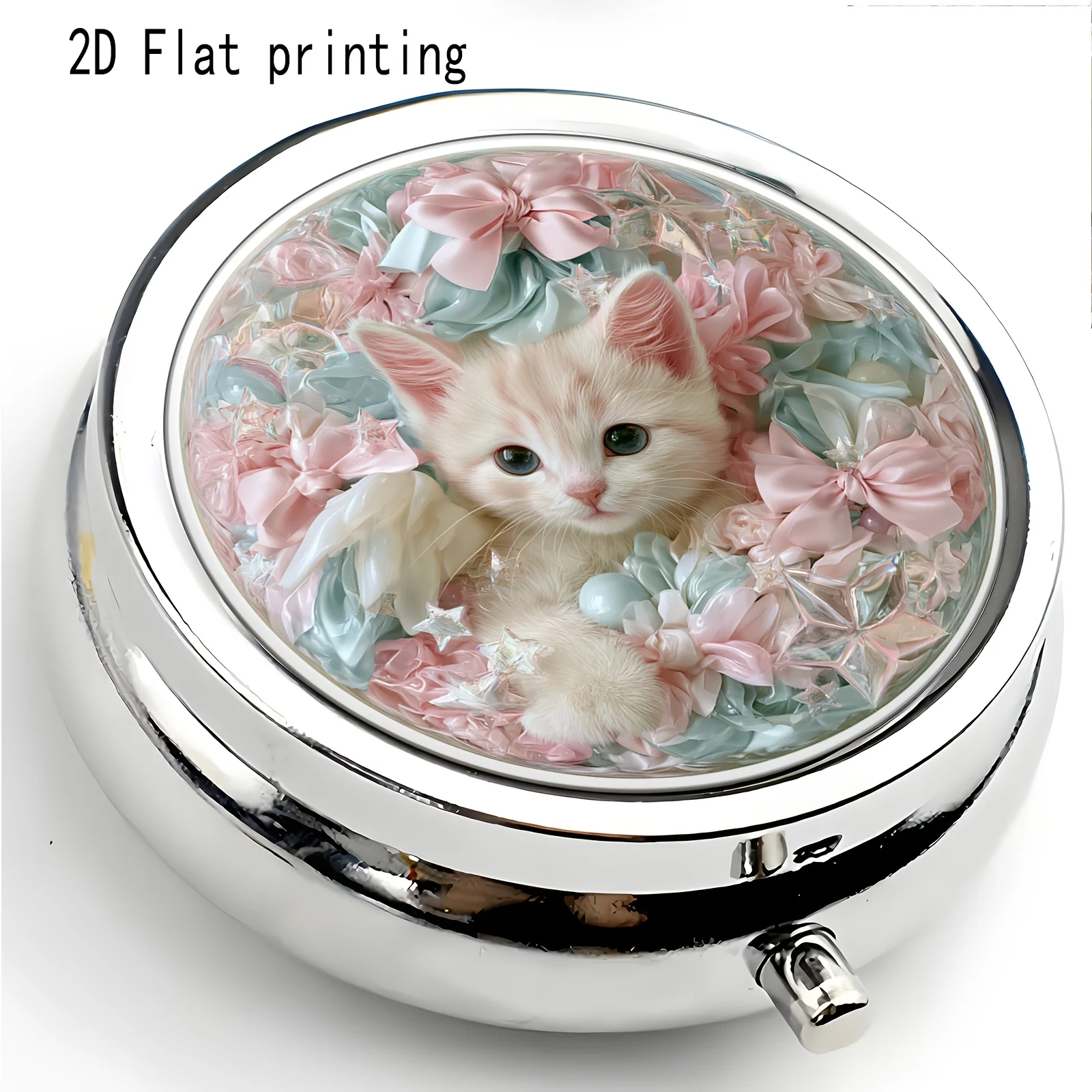 Cute Cat and Kitten Floral Butterfly Pastel Aesthetic Metal Pill Box, Portable Three-Compartment Pill Case, Women's Travel Wallet Vitamin Storage Box, Unique Gift Elegant Girls' Storage Box