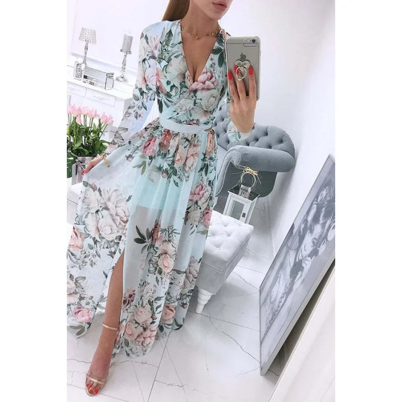 New Summer Long Dress Printed V-neck Chiffon Long-sleeved Dress Bohemian Style Full Skirt Dress