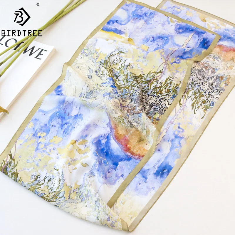 

Birdtree 100%Real Silk Abstract Oil Painting Scarf Women 2024 Spring Autumn Versatile Fashion Luxury Scarf Mom's Gift A41144QM