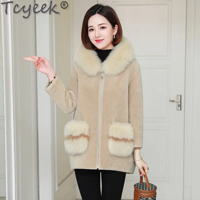 Tcyeek 100% Wool Coat Women Clothes Warm Fox Fur Collar Winter Women\'s Fur Jacket Grain Sheep Shearling Coats Пальто Женское