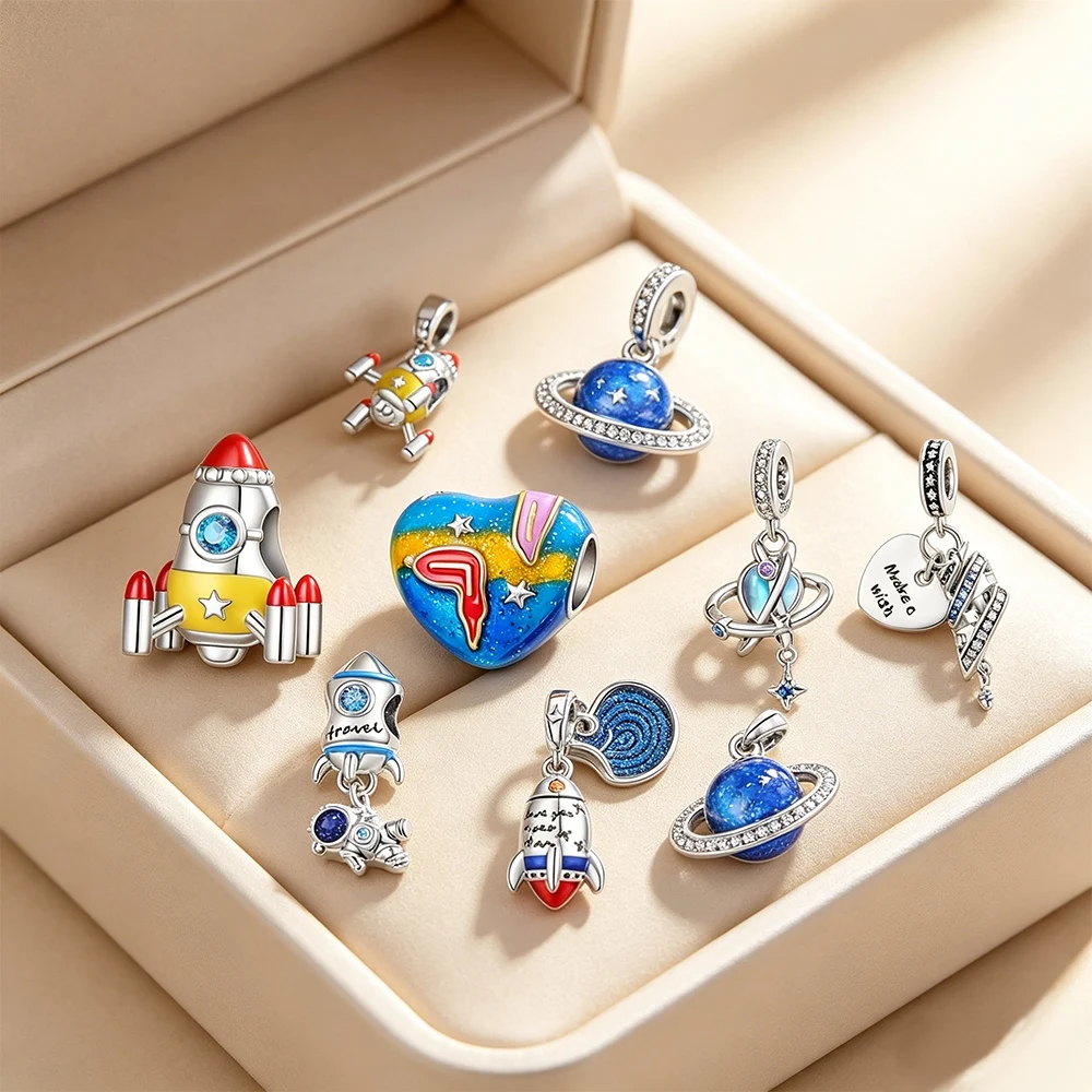 

Space Rocket Charm 925 Sterling Silver Original Certified Bead Fit Bracelet Women Jewelry Making Diy Heart Design Colorful Style