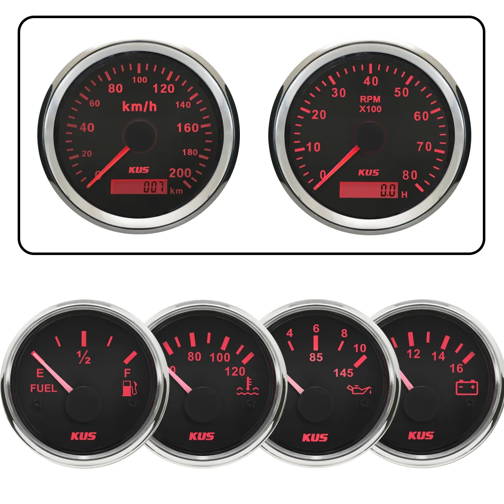 

KUS 6 Gauge Set 85mm GPS Speedometer 0-200km/h Tachometer 0-8000RPM + 52mm Water Temp Oil Pressure Fuel Level Meter Voltmeter