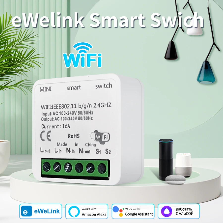 EWelink WLAN Smart Switch Modul für Licht und Ventilator 16A 100-240V Kompatibel mit Alexa Google Home Yandex Fernbedienung Automatisches Relais-Schutzschalter