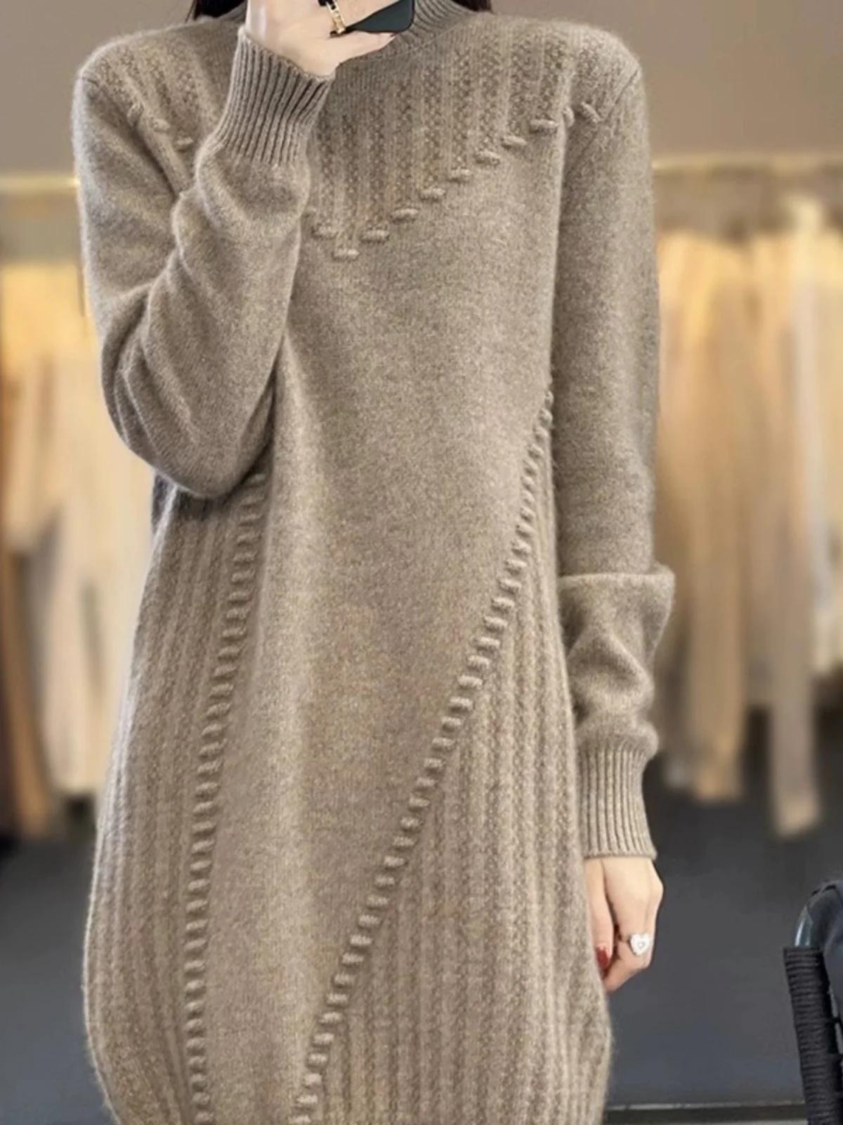 

Slimming Knitted Wool Dr Midi Length Women's Sle f High Collar Sweater Dr Faionable Commute Sle Autumn 2023