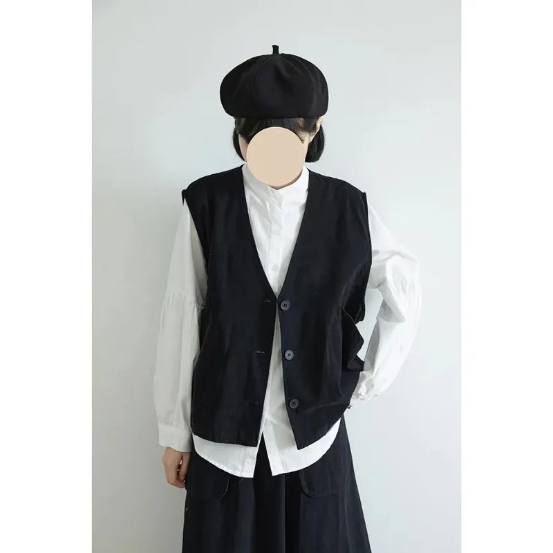 Women's Black Corduroy V-Neck Sleeveless Vest