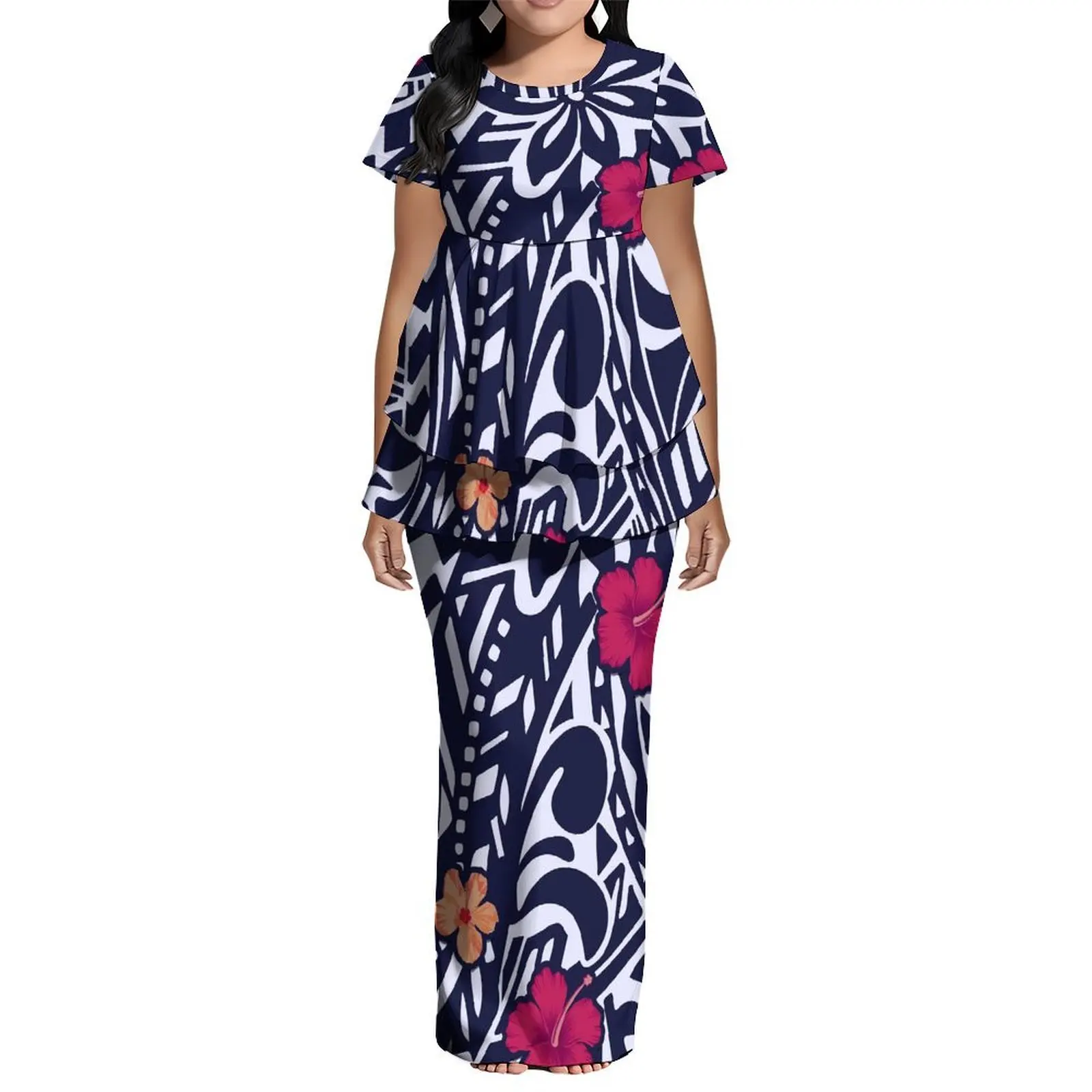Polynesian Custom Tribal Ethnic Print Women'S Puletasi Suit Skirt Round Neck Short Sleeves Double Hem Design 2-Piece Set