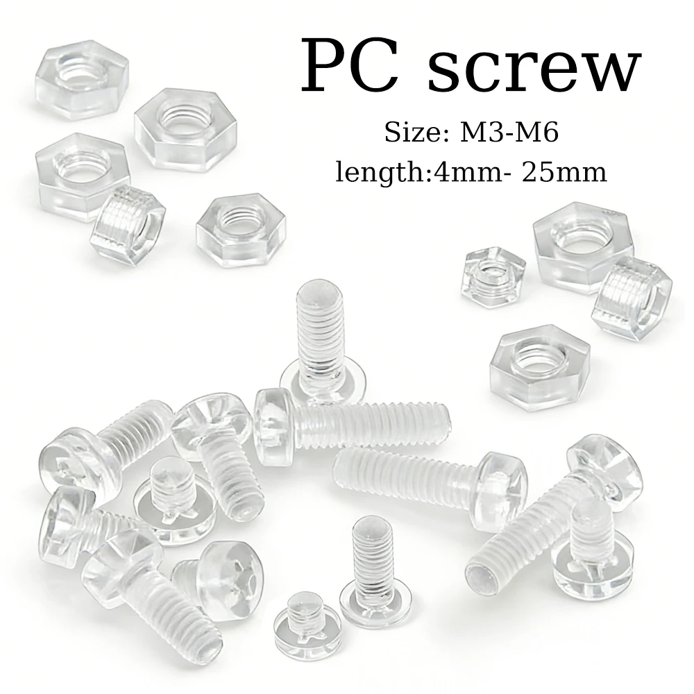 

50sets M3-M6 Clear Acrylic Phillips Screws And Nuts Kit round Head Bolt Set for DIY Electronics Model Projects Plastic Screws