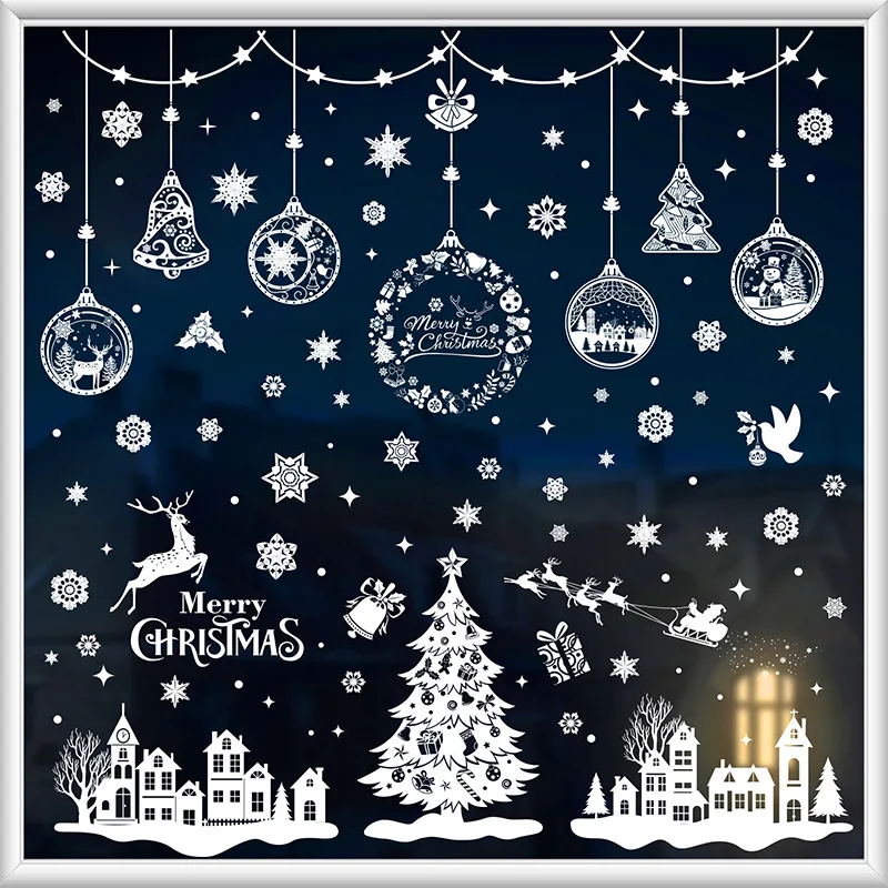 9pcs Snowflake Christmas Window Stickers Reindeer New Year Decal Wall Sticker White Christmas Electrostatic Stickers Decorations