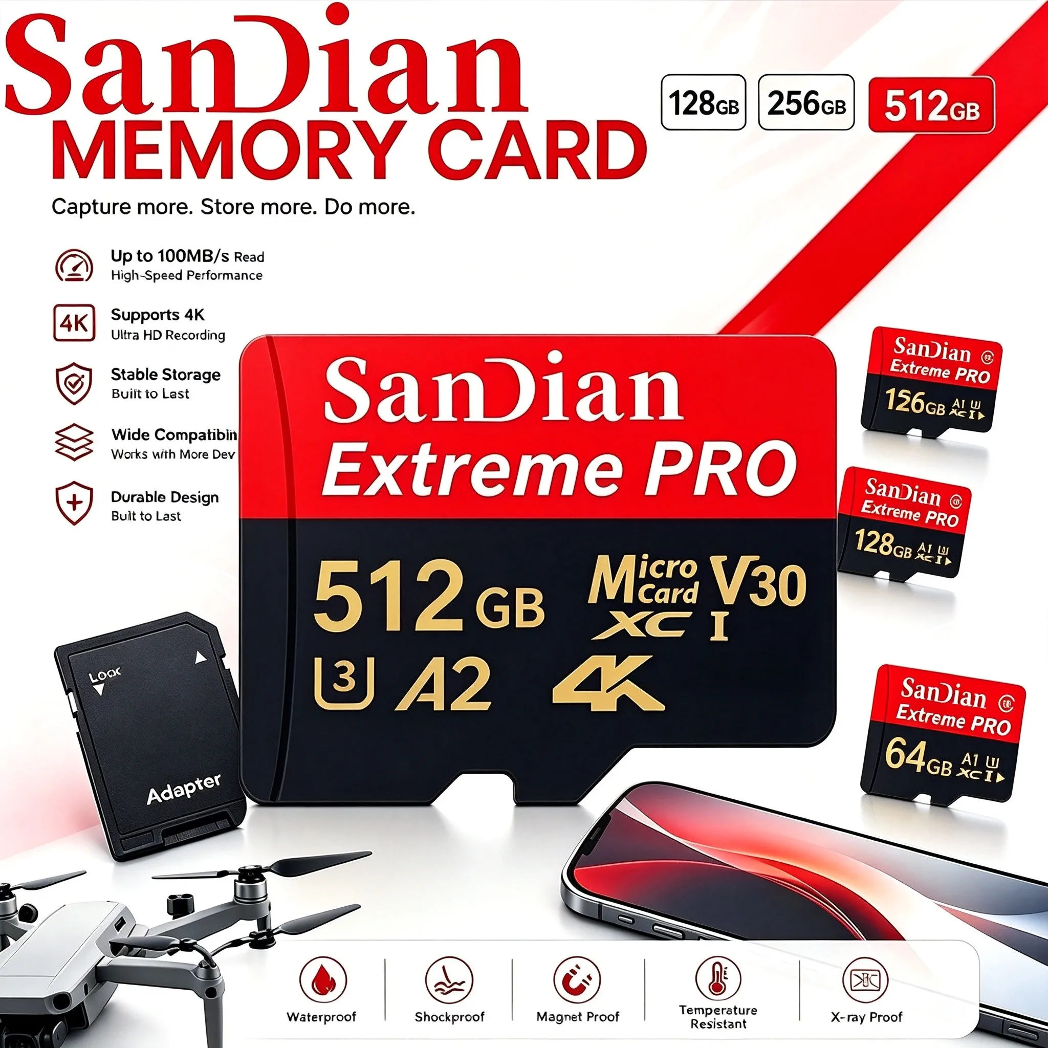 Versatile Memory Card 64GB 512GB 32GB TF Cards Micro TF SD Card SD Cards U3 for Body Camera/Drone/Phone/Desktop/Drone Camera